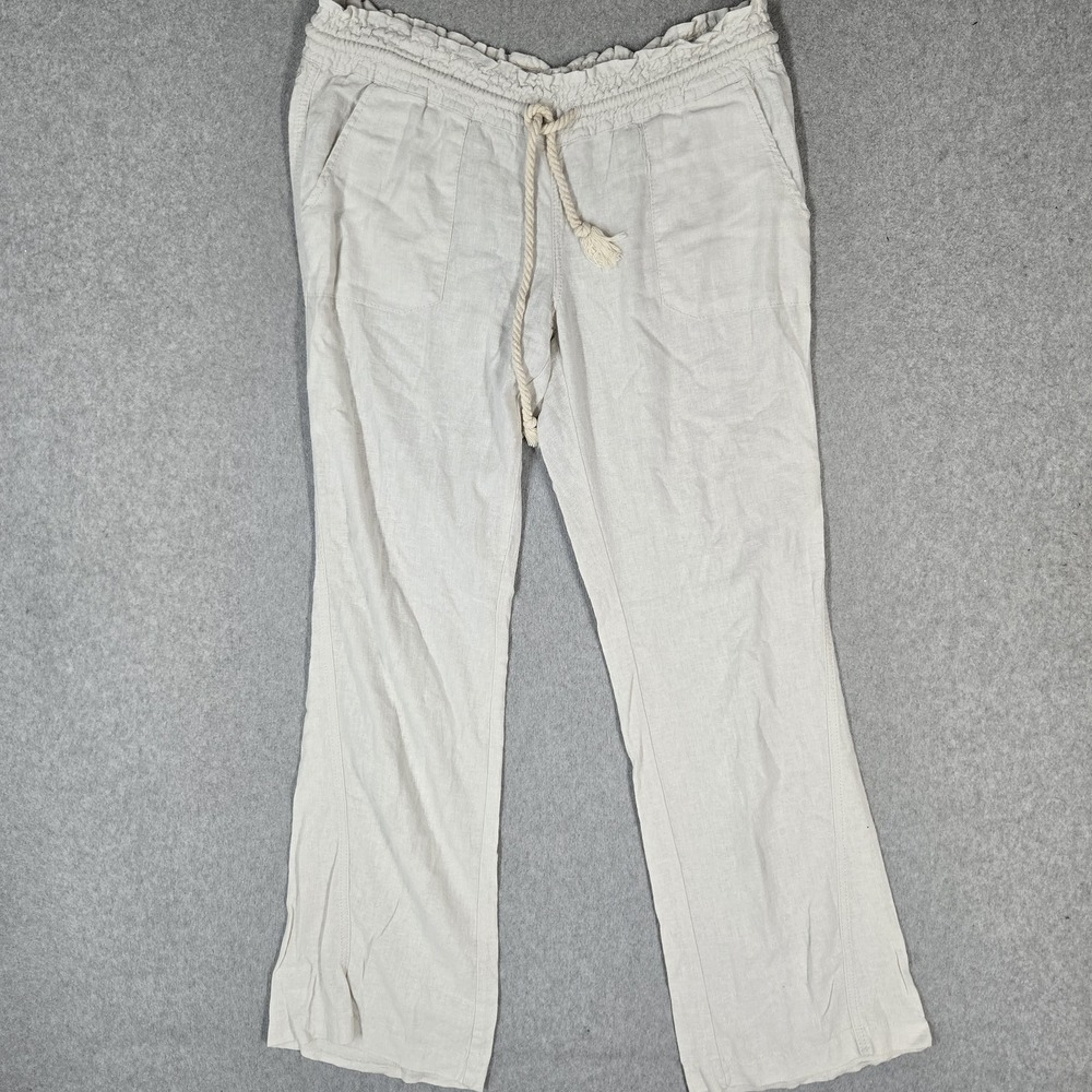 Roxy Women Pants XL Beige Linen Viscose Sweatpants Coastal Beachy Tie 32" Inseam